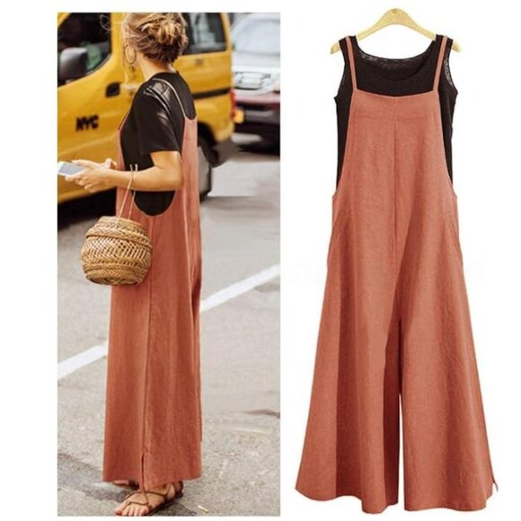 YESNO Rust Colored Wide Leg Baggy Cotton Romper - Size Small - Picture 3 of 4